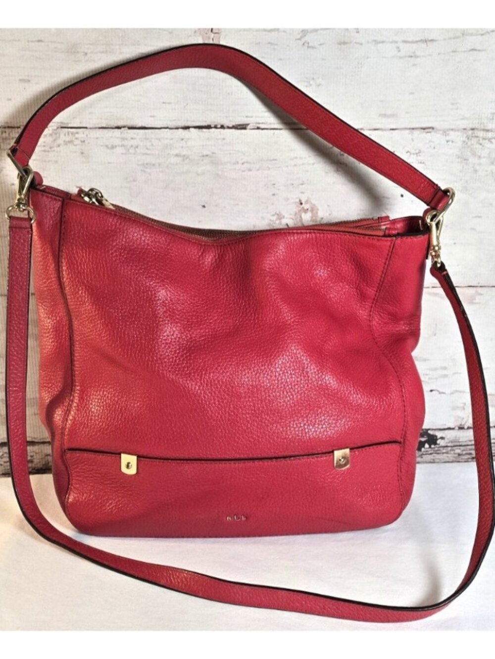 Lauren Ralph Lauren Hobo Shoulder Bag Red Pebbled Leather Organizer Double Zip